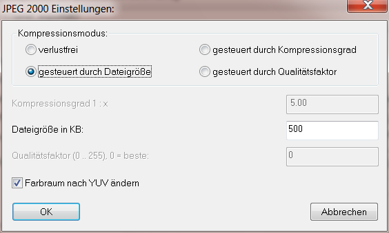 JPEG 2000 Einstellungen