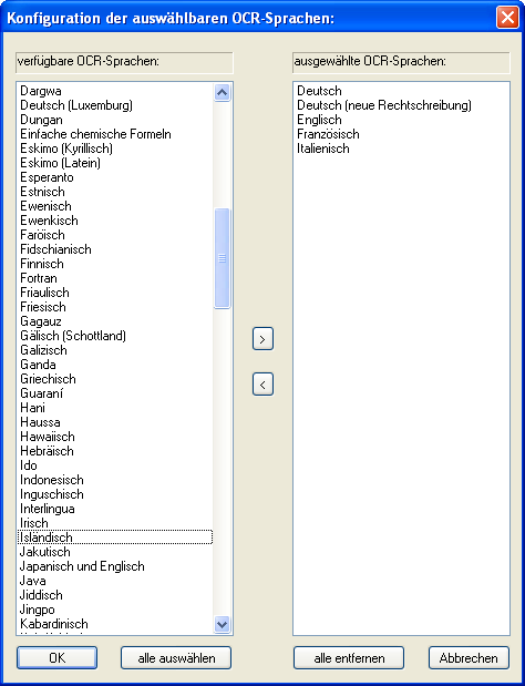 Auswählbare OCR-Sprachen definieren