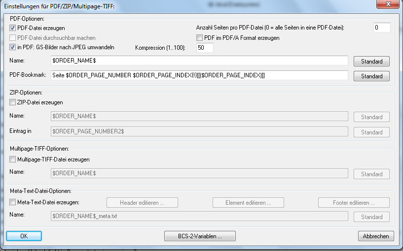 Einstellungen für das Erzeugen von PDF/ZIP/Multipage-TIFF und Meta-Text-Dateien