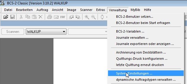 Hauptfenster: Menü Verwaltung/System-Einstellungen