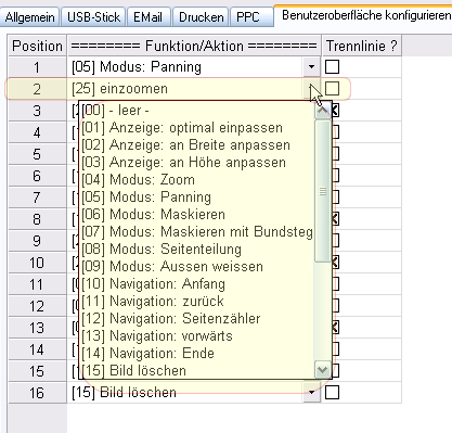 WalkUp-Konfigurator: Auswahlliste für Button-Funktionen im Reiter "Benutzeroberfläche konfigurieren" 