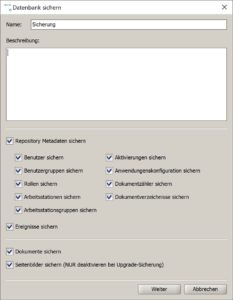 Admin - Dialogfenster „Datenbank sichern“